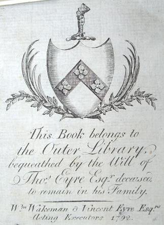 Book plate of Thomas Eyre Esq c1792